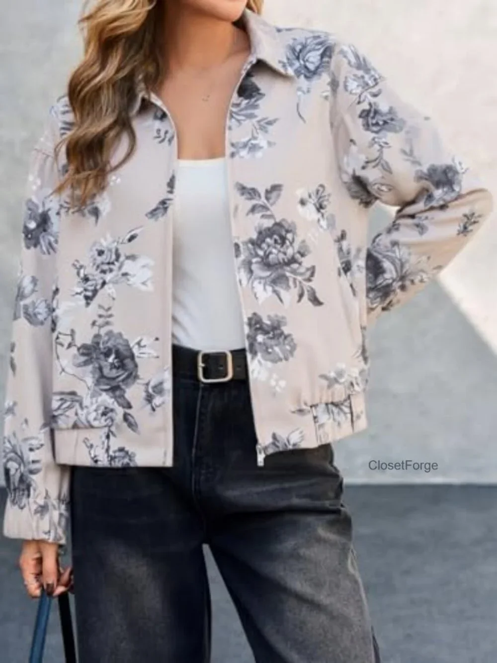 Floral Zip-up Bomber Jacket Denim Long Sleeve Trendy Vintage